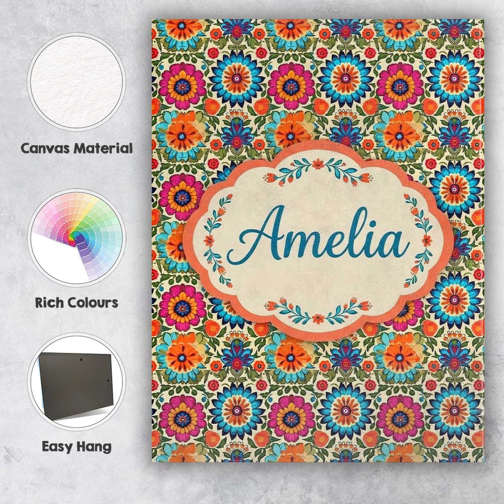 Personalised Name Vibrant Folk Floral Custom Modern Room Accent Creative Decorator Style Canvas Wall Art Print Decor Picture Ready to Hang