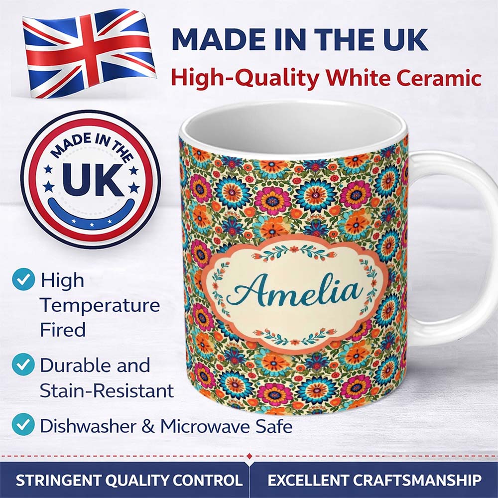 Personalized Custom Name Vibrant Folk Floral Bouquet Garden Style Seamless Pattern Custom 11oz Ceramic Coffee Tea Mug White Large Handle
