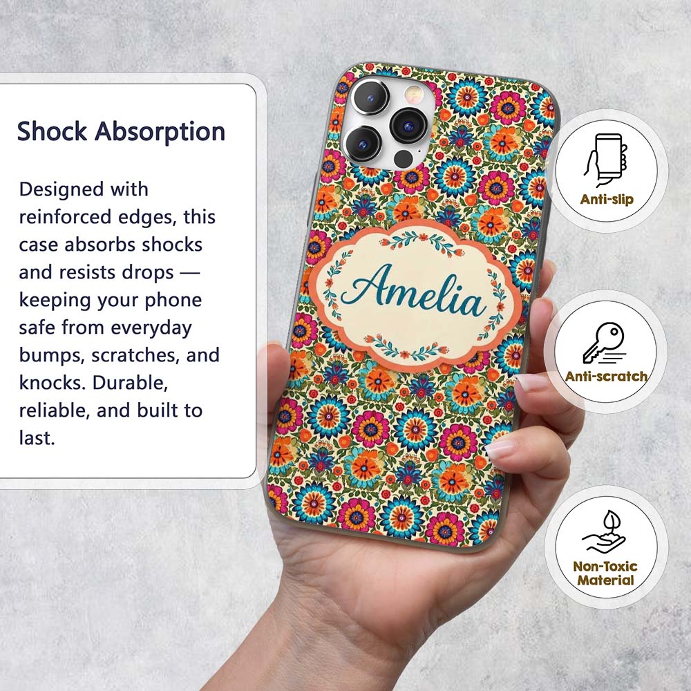 Vibrant Folk Floral Bouquet Garden Style Seamless Custom Name Protective Phone Case Mobile Cover Durable Everyday Smartphone Shock Resistant