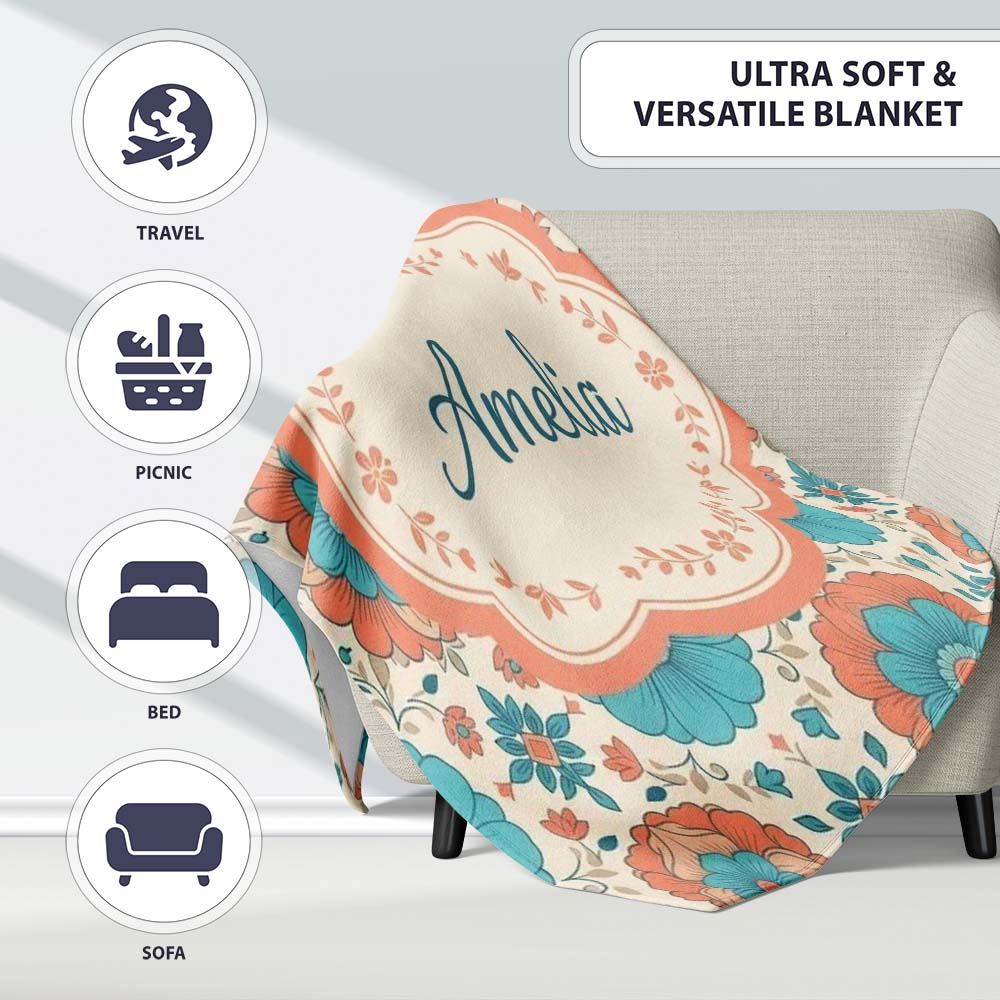 Soft Pastel Daisy Floral Repeating Vintage Seamless Pattern Name Personalised Custom Name Super Soft Fleece Blanket Bed Sofa Throw