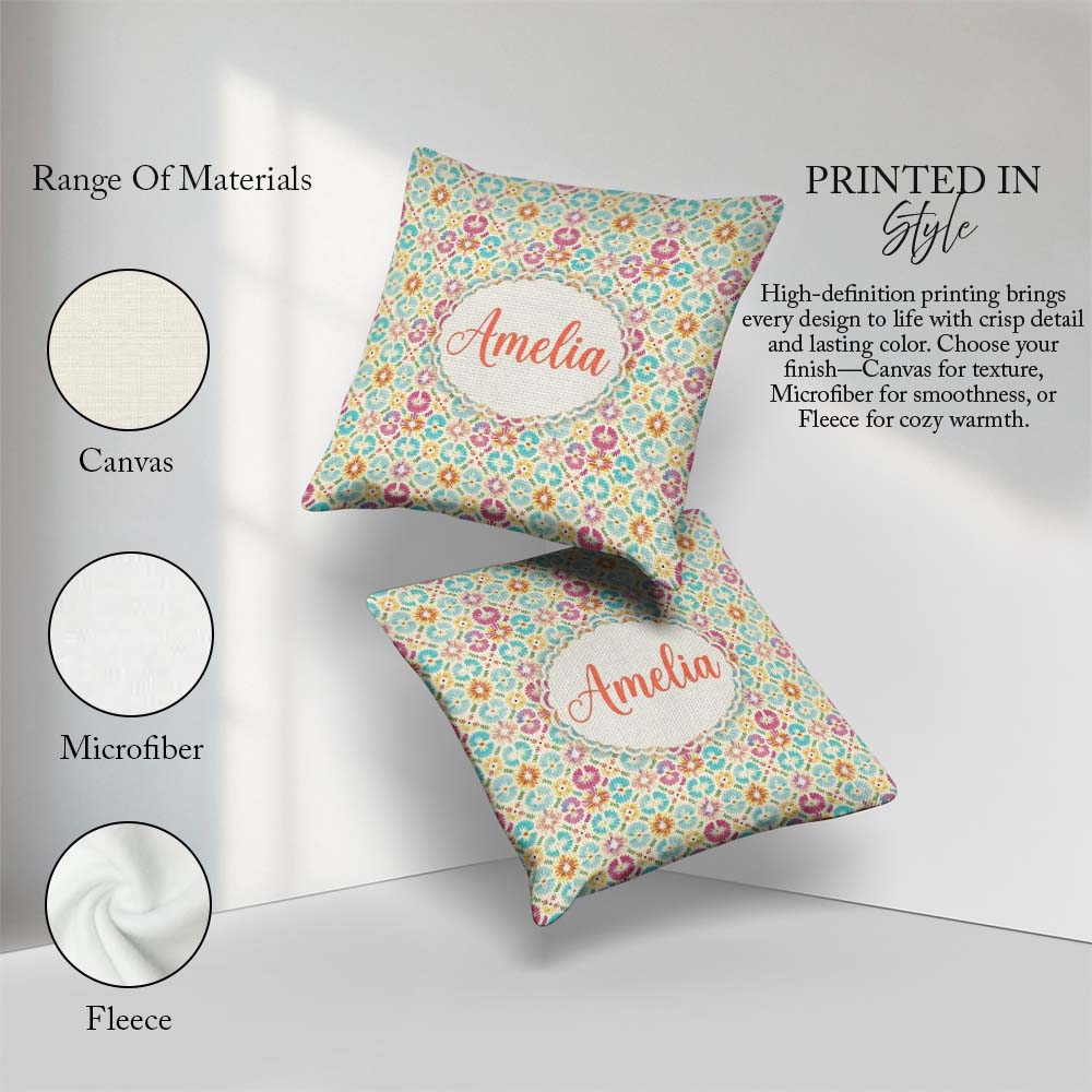 Custom Name Delicate Pastel Floral Tile Garden Pattern Name Cute Square Filled Cushion Throw Pillow Sofa Bed Home Decor Zip Washable UK Made