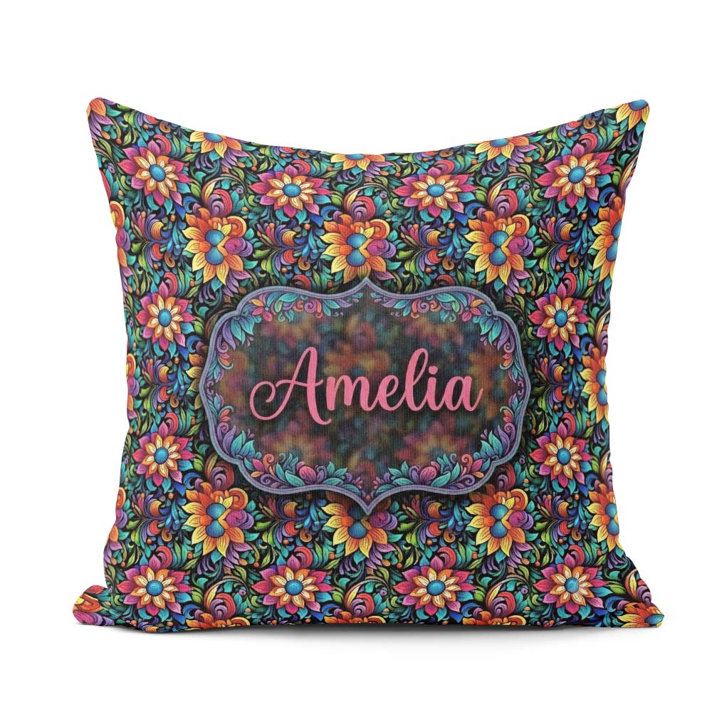 Custom Name Vibrant Neon Floral Swirl Psychedelic Garden Pattern Square Filled Cushion Throw Pillow Sofa Bed Home Decor Zip Washable UK Made
