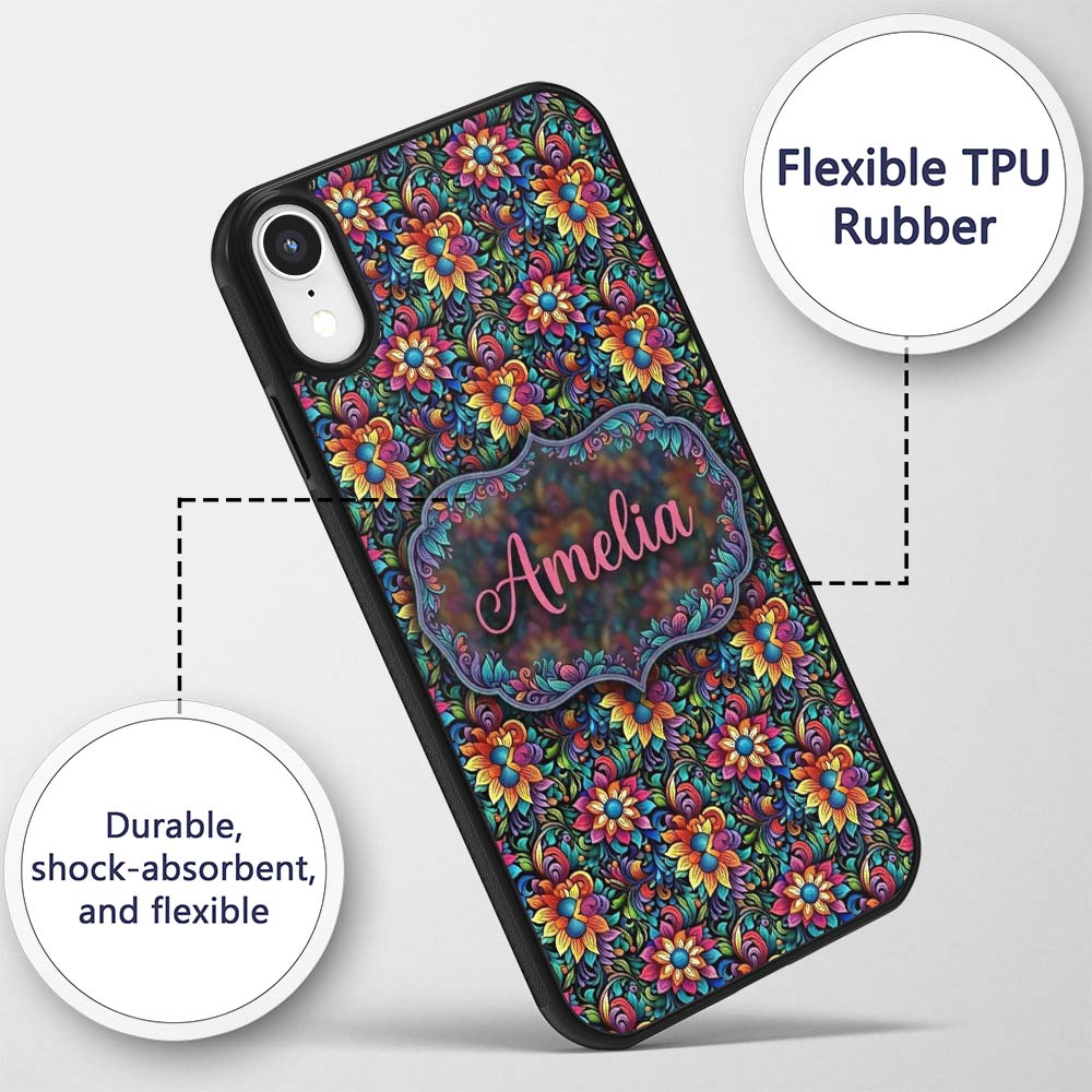 Vibrant Neon Floral Swirl Psychedelic Garden Custom Name Protective Phone Case Mobile Cover Durable Everyday Smartphone Shock Resistant