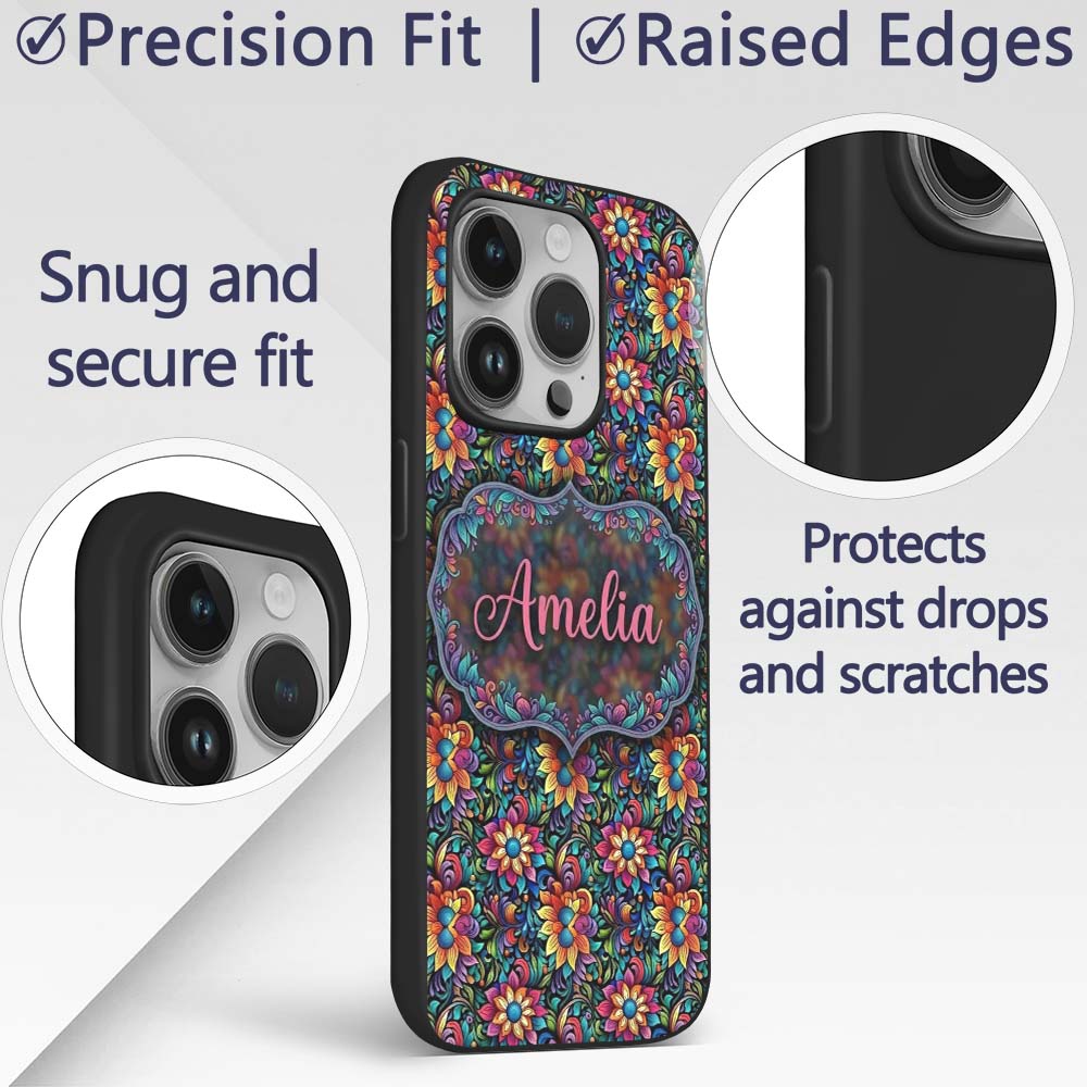 Vibrant Neon Floral Swirl Psychedelic Garden Custom Name Protective Phone Case Mobile Cover Durable Everyday Smartphone Shock Resistant