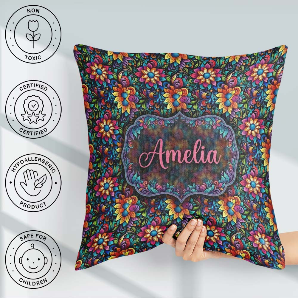 Custom Name Vibrant Neon Floral Swirl Psychedelic Garden Pattern Square Filled Cushion Throw Pillow Sofa Bed Home Decor Zip Washable UK Made