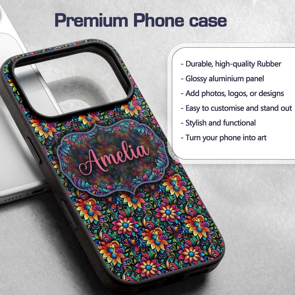 Vibrant Neon Floral Swirl Psychedelic Garden Custom Name Protective Phone Case Mobile Cover Durable Everyday Smartphone Shock Resistant