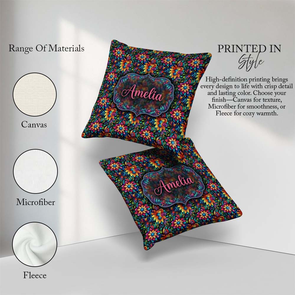 Custom Name Vibrant Neon Floral Swirl Psychedelic Garden Pattern Square Filled Cushion Throw Pillow Sofa Bed Home Decor Zip Washable UK Made