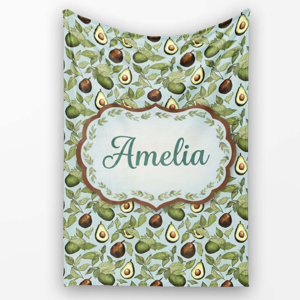 Vintage Avocado Botanical Illustration Leaves Fruit Seamless Personalised Custom Name Super Soft Fleece Blanket Bed Sofa Throw