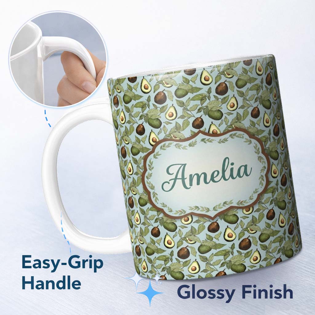 Personalized Custom Name Vintage Avocado Botanical Illustration Leaves Fruit Seamless 11oz Ceramic Coffee Tea Mug White Large Handle
