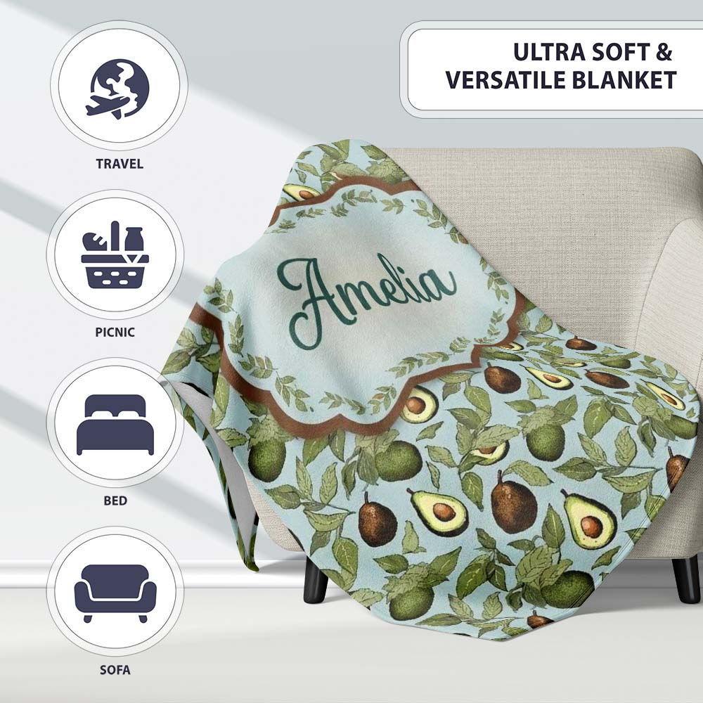 Vintage Avocado Botanical Illustration Leaves Fruit Seamless Personalised Custom Name Super Soft Fleece Blanket Bed Sofa Throw