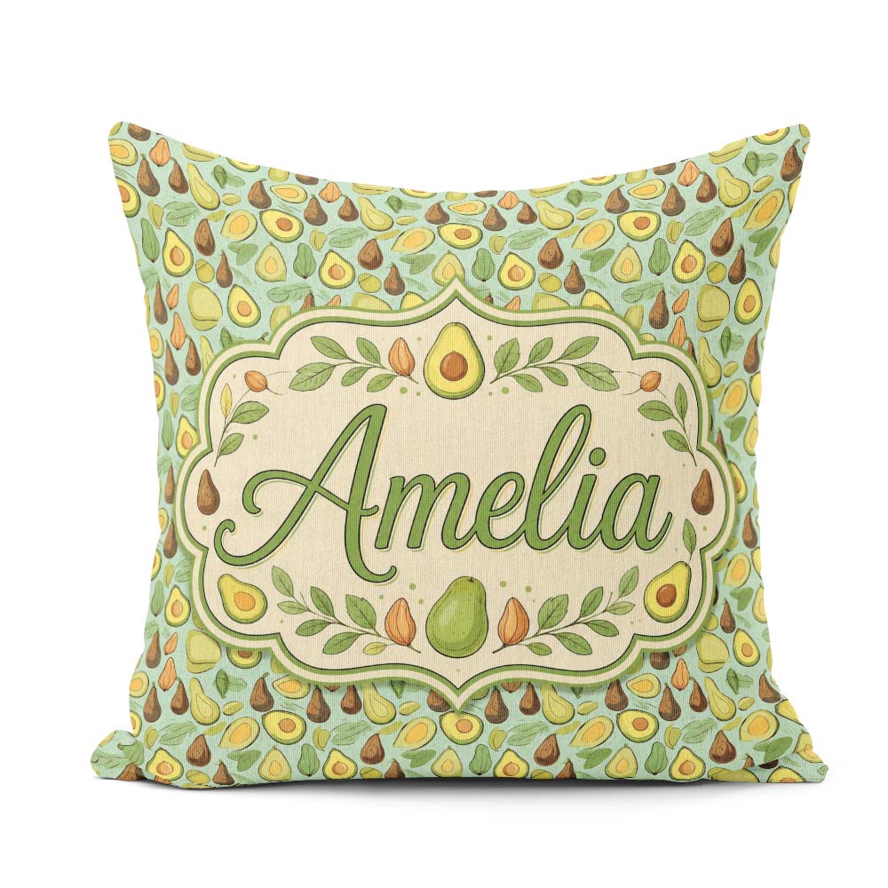 Custom Name Avocado and Pear Doodle Pastel Seamless Pattern Name Square Filled Cushion Throw Pillow Sofa Bed Home Decor Zip Washable UK Made