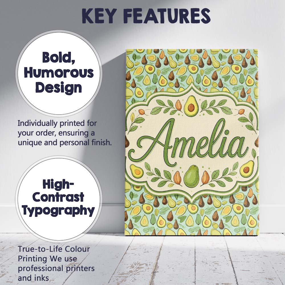 Personalised Name Cute Avocado and Pear Custom Modern Room Accent Elegant Feature Canvas Wall Art Print Decor Picture Ready to Hang
