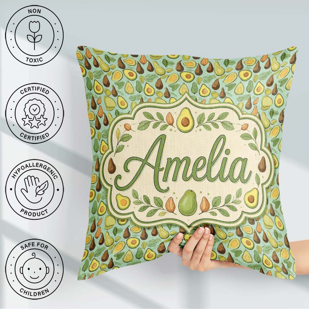 Custom Name Avocado and Pear Doodle Pastel Seamless Pattern Name Square Filled Cushion Throw Pillow Sofa Bed Home Decor Zip Washable UK Made