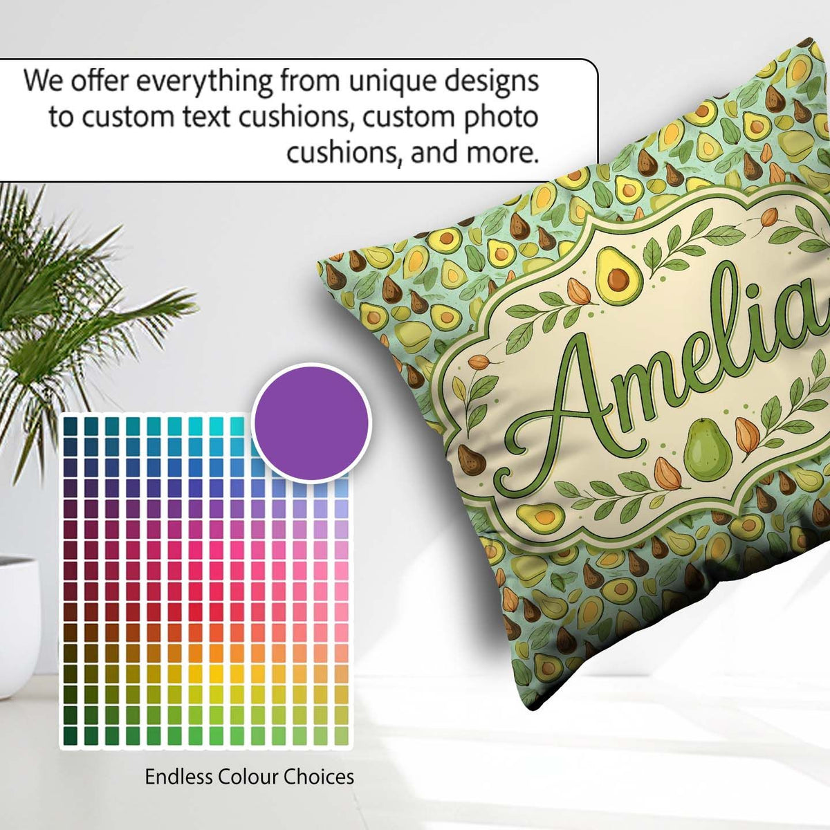 Custom Name Avocado and Pear Doodle Pastel Seamless Pattern Name Square Filled Cushion Throw Pillow Sofa Bed Home Decor Zip Washable UK Made