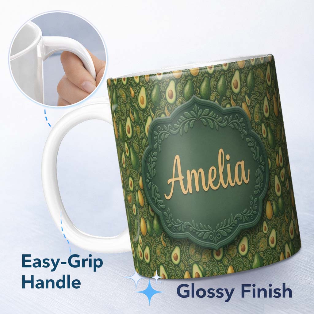 Personalized Custom Name Dark Green Avocado Botanical Leaves Elegant Seamless Pattern Name 11oz Ceramic Coffee Tea Mug White Large Handle