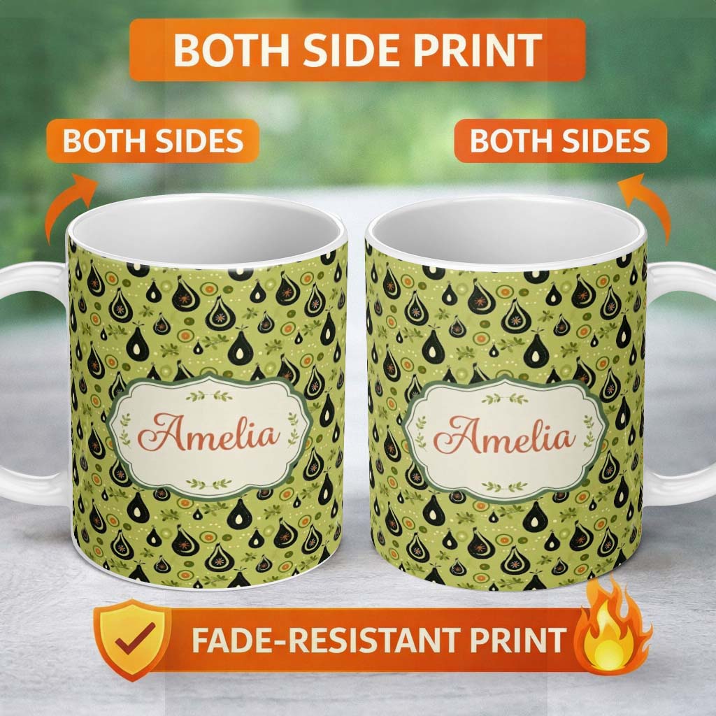 Personalized Custom Name Avocado Fruit Minimal Olive Green Seamless Pattern Name Cute Unique 11oz Ceramic Coffee Tea Mug White Large Handle