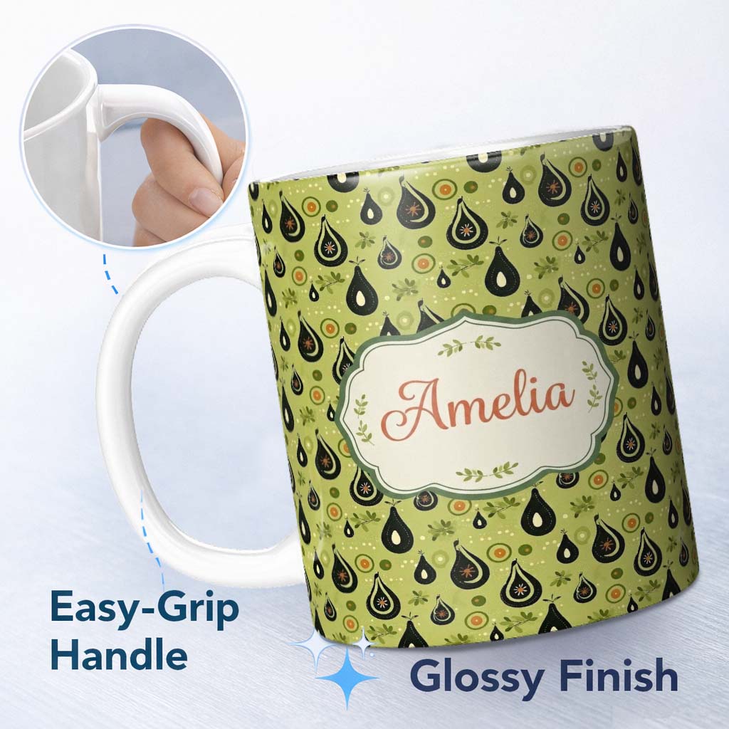 Personalized Custom Name Avocado Fruit Minimal Olive Green Seamless Pattern Name Cute Unique 11oz Ceramic Coffee Tea Mug White Large Handle