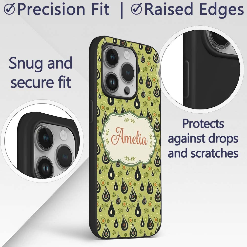 Avocado Fruit Minimal Olive Green Printed Design Custom Name Protective Phone Case Mobile Cover Durable Everyday Smartphone Shock Resistant
