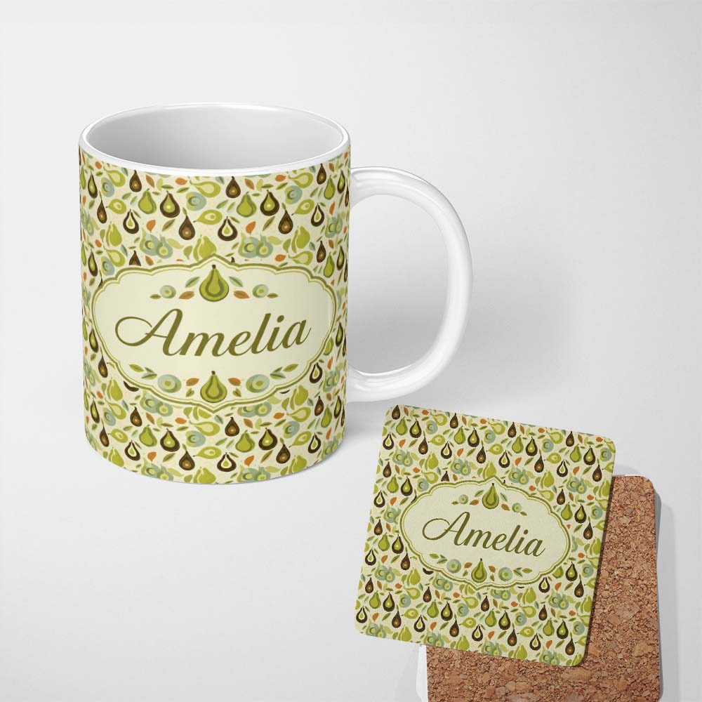 Personalized Custom Name Mid Century Avocado and Leaves Abstract Seamless Pattern Name Cute 11oz Ceramic Coffee Tea Mug White Large Handle