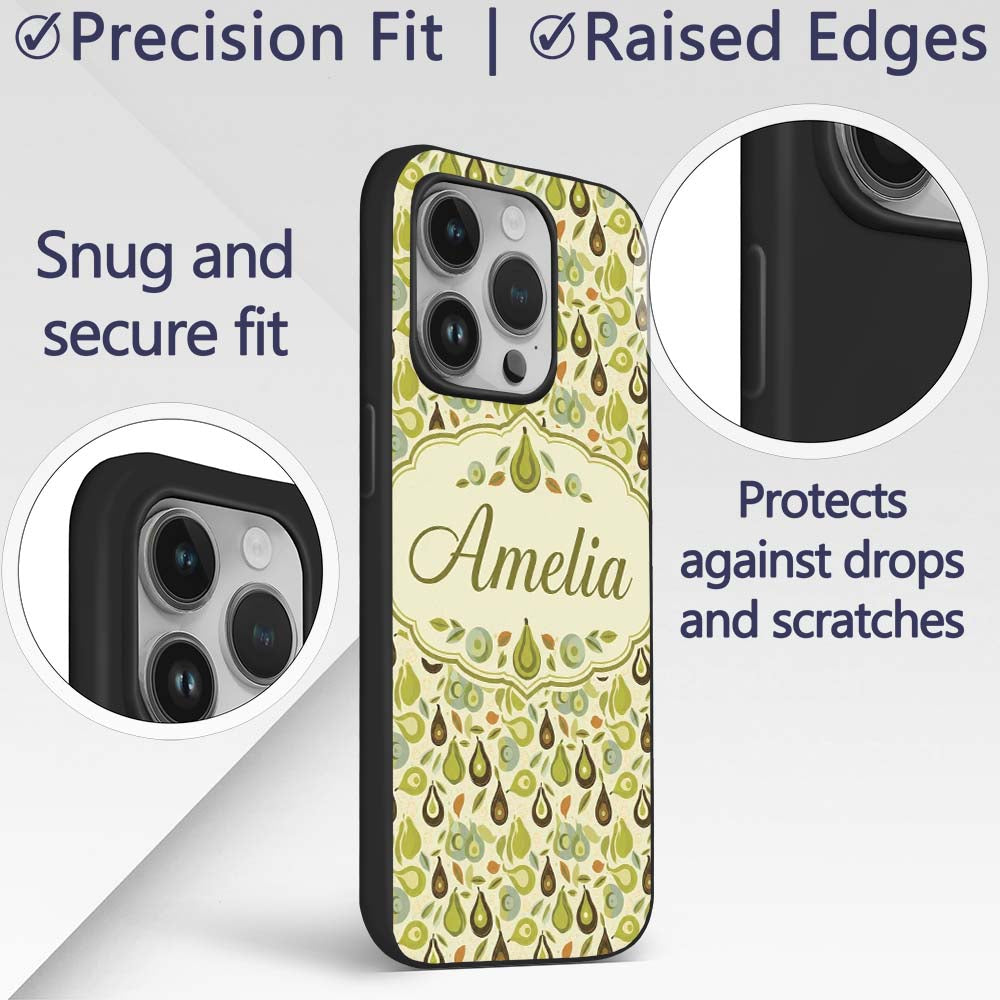 Mid Century Avocado and Leaves Abstract Seamless Custom Name Protective Phone Case Mobile Cover Durable Everyday Smartphone Shock Resistant