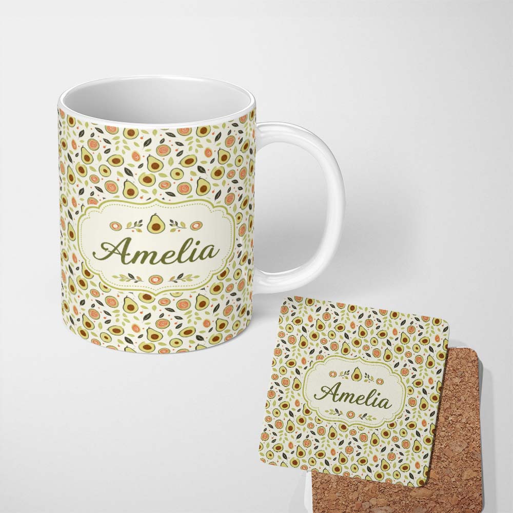 Personalized Custom Name Scandinavian Avocado Fruit Soft Neutral Seamless Pattern Name Cute 11oz Ceramic Coffee Tea Mug White Large Handle