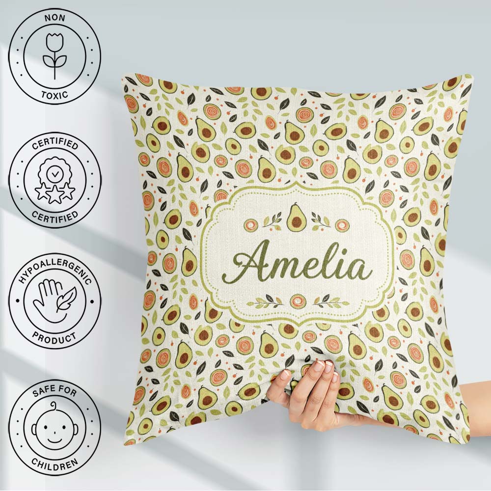 Custom Name Scandinavian Avocado Fruit Soft Neutral Pattern Name Square Filled Cushion Throw Pillow Sofa Bed Home Decor Zip Washable UK Made