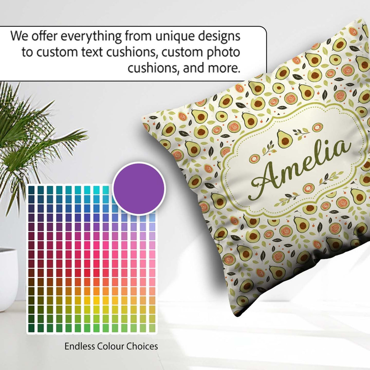 Custom Name Scandinavian Avocado Fruit Soft Neutral Pattern Name Square Filled Cushion Throw Pillow Sofa Bed Home Decor Zip Washable UK Made