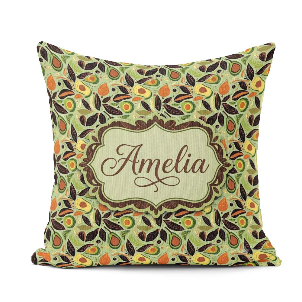 Custom Name Autumn Avocado Leaf Earth Tone Seamless Pattern Name Square Filled Cushion Throw Pillow Sofa Bed Home Decor Zip Washable UK Made