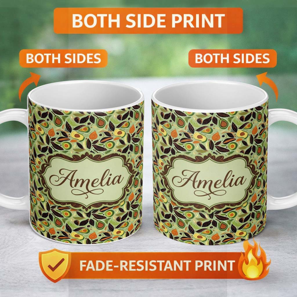 Personalized Custom Name Autumn Avocado Leaf Earth Tone Modern Seamless Pattern Name Cute 11oz Ceramic Coffee Tea Mug White Large Handle