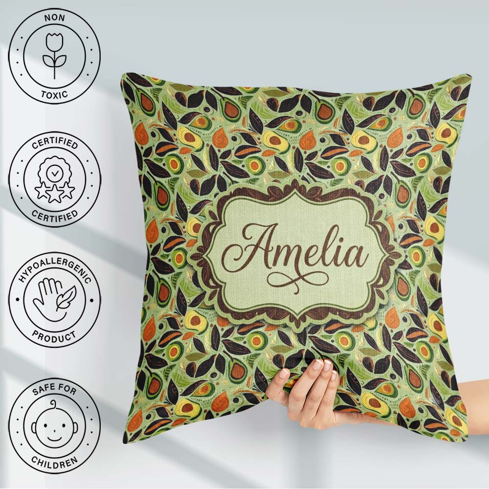 Custom Name Autumn Avocado Leaf Earth Tone Seamless Pattern Name Square Filled Cushion Throw Pillow Sofa Bed Home Decor Zip Washable UK Made