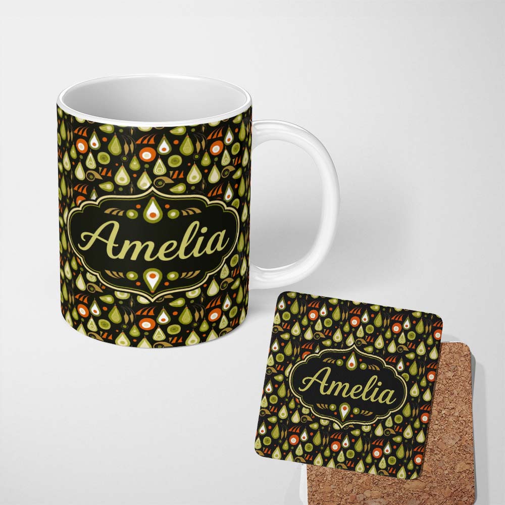 Personalized Custom Name Mid Century Pear and Avocado Geometric Seamless Pattern Name Cute 11oz Ceramic Coffee Tea Mug White Large Handle