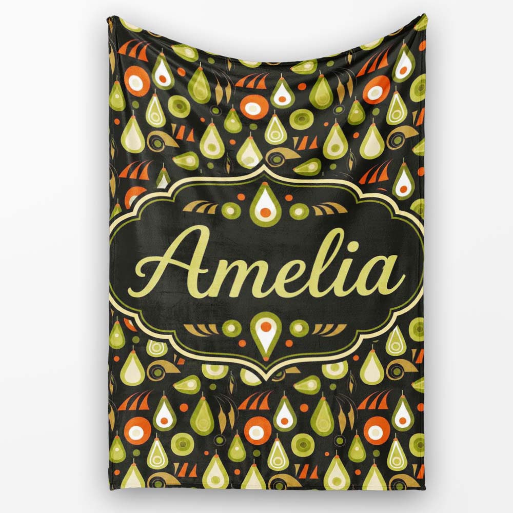 Mid Century Pear and Avocado Geometric Seamless Pattern Name Cute Personalised Custom Name Super Soft Fleece Blanket Bed Sofa Throw