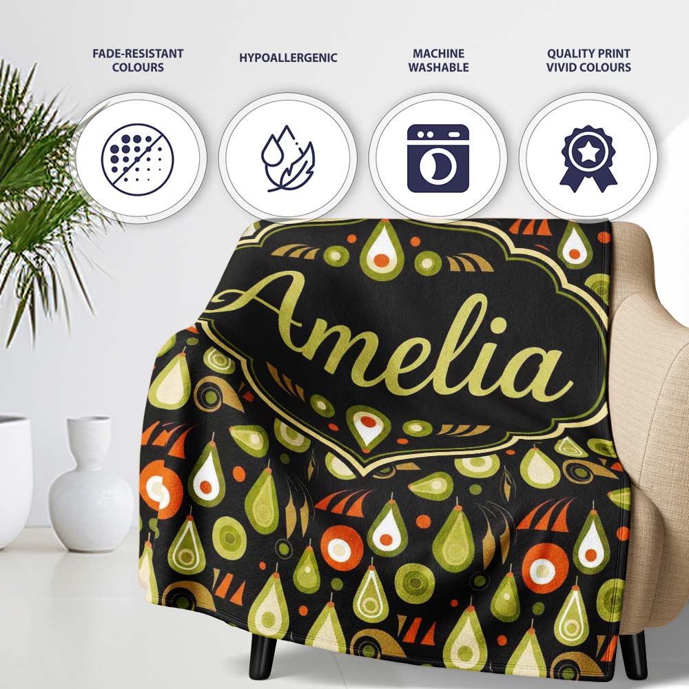 Mid Century Pear and Avocado Geometric Seamless Pattern Name Cute Personalised Custom Name Super Soft Fleece Blanket Bed Sofa Throw