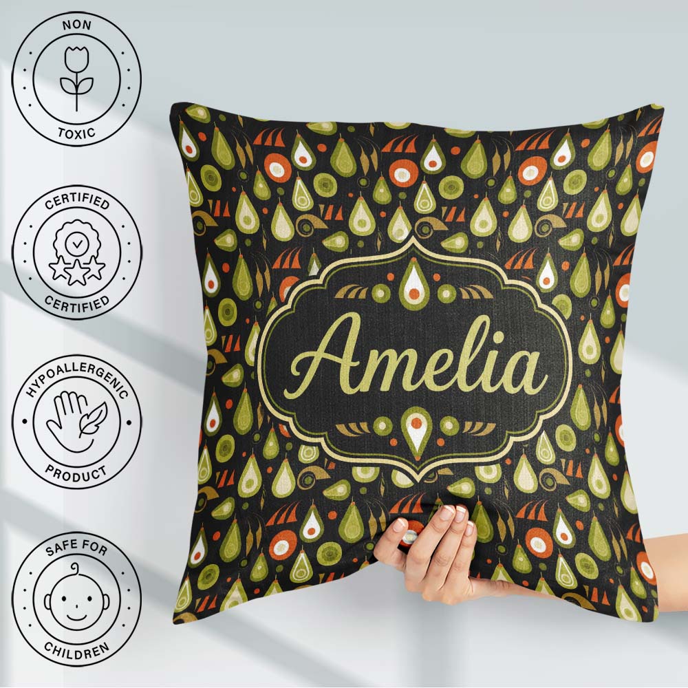 Custom Name Mid Century Pear and Avocado Geometric Seamless Name Square Filled Cushion Throw Pillow Sofa Bed Home Decor Zip Washable UK Made