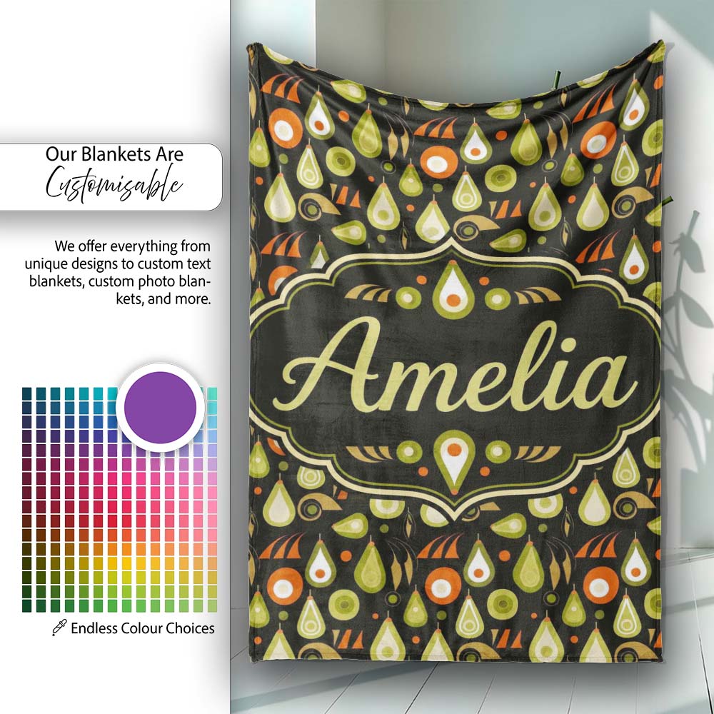 Mid Century Pear and Avocado Geometric Seamless Pattern Name Cute Personalised Custom Name Super Soft Fleece Blanket Bed Sofa Throw
