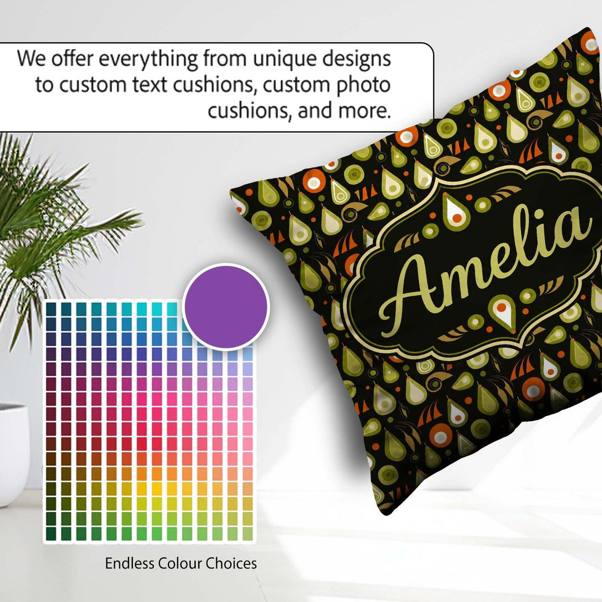Custom Name Mid Century Pear and Avocado Geometric Seamless Name Square Filled Cushion Throw Pillow Sofa Bed Home Decor Zip Washable UK Made