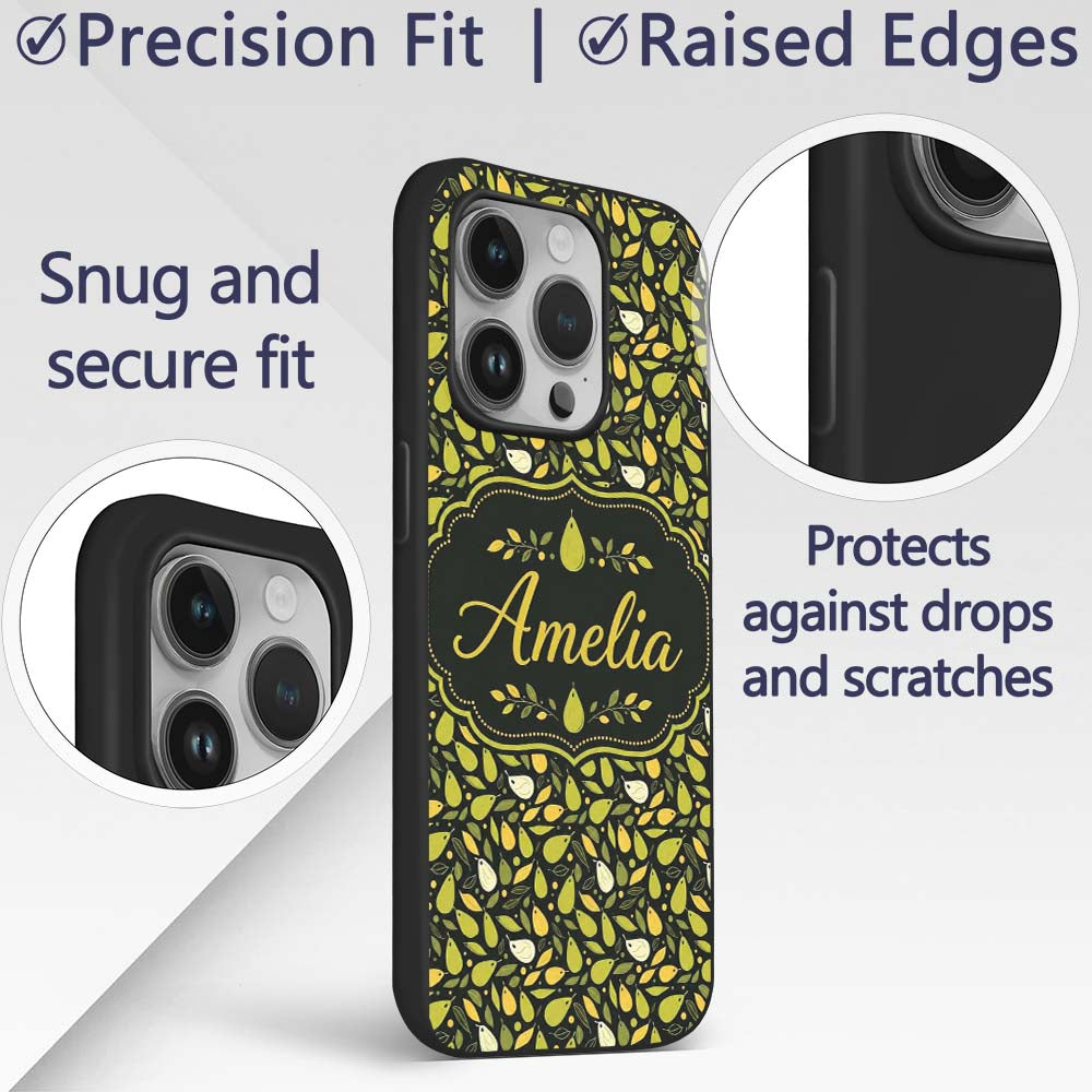 Modern Pear Fruit Minimal Dark Printed Design Custom Name Protective Phone Case Mobile Cover Durable Everyday Smartphone Shock Resistant