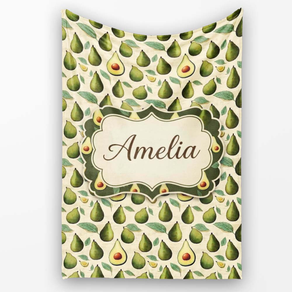 Classic Avocado Vintage Illustration Seamless Pattern Name Cute Personalised Custom Name Super Soft Fleece Blanket Bed Sofa Throw