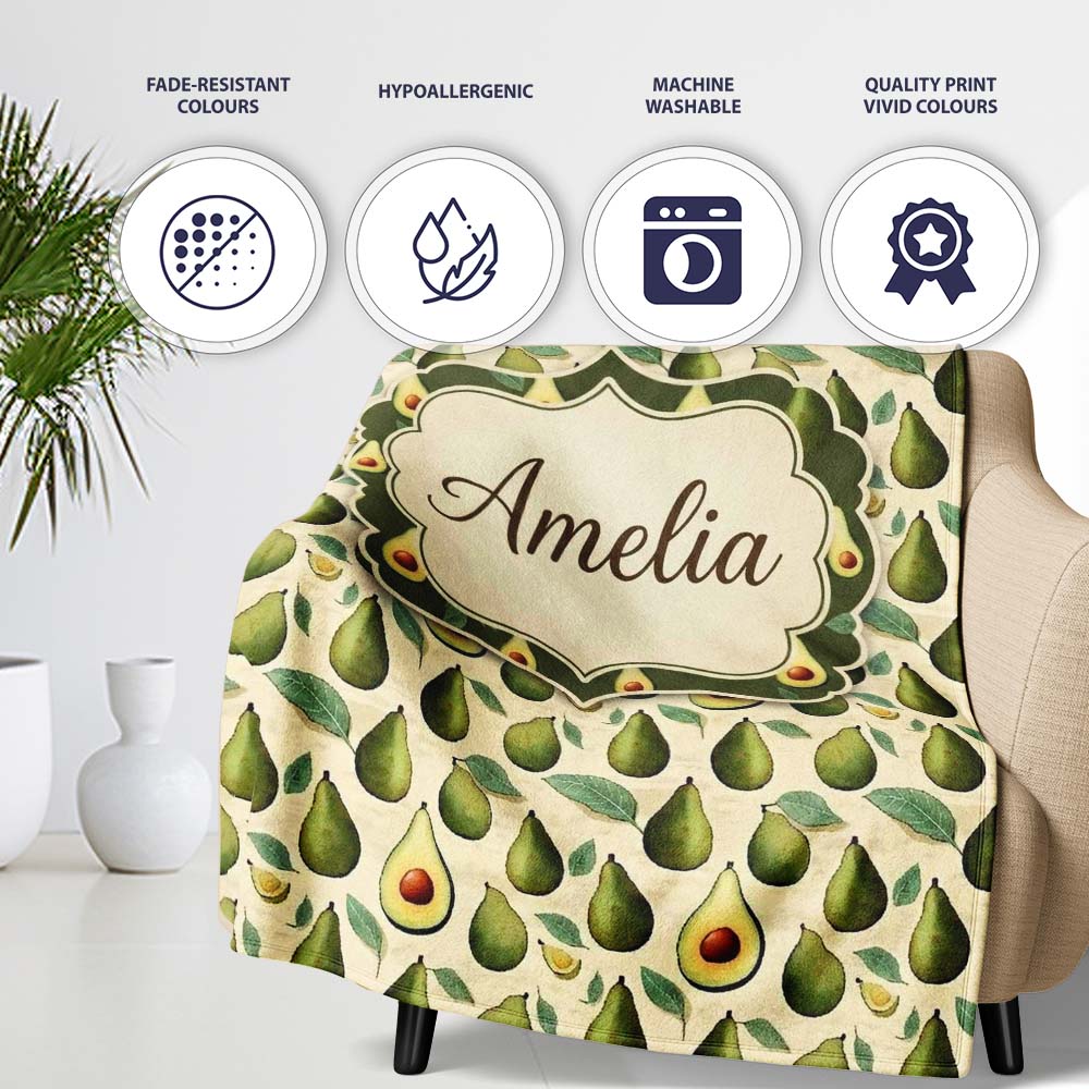 Classic Avocado Vintage Illustration Seamless Pattern Name Cute Personalised Custom Name Super Soft Fleece Blanket Bed Sofa Throw