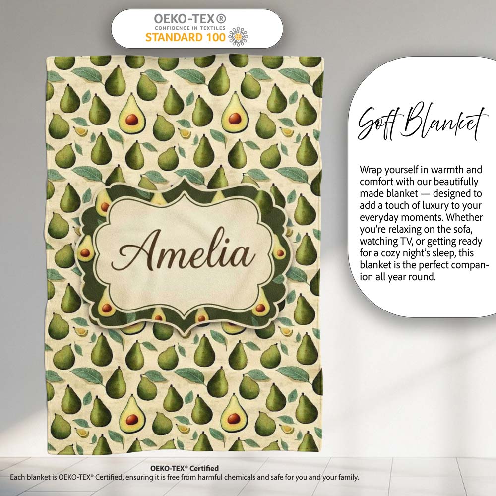 Classic Avocado Vintage Illustration Seamless Pattern Name Cute Personalised Custom Name Super Soft Fleece Blanket Bed Sofa Throw