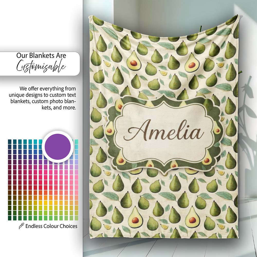 Classic Avocado Vintage Illustration Seamless Pattern Name Cute Personalised Custom Name Super Soft Fleece Blanket Bed Sofa Throw
