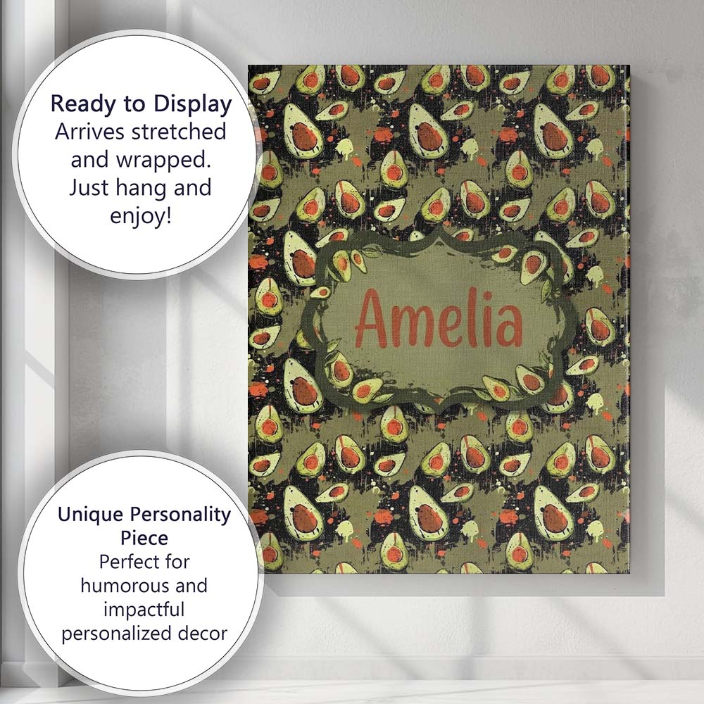 Personalised Name Grunge Avocado Splash Custom Modern Room Accent Elegant Feature Canvas Wall Art Print Decor Picture Ready to Hang