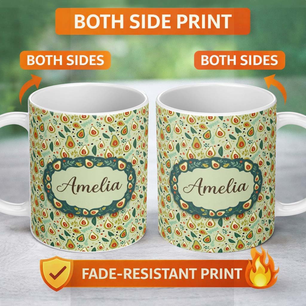 Personalized Custom Name Playful Avocado and Leaf Cute Style Seamless Pattern Name Unique 11oz Ceramic Coffee Tea Mug White Large Handle