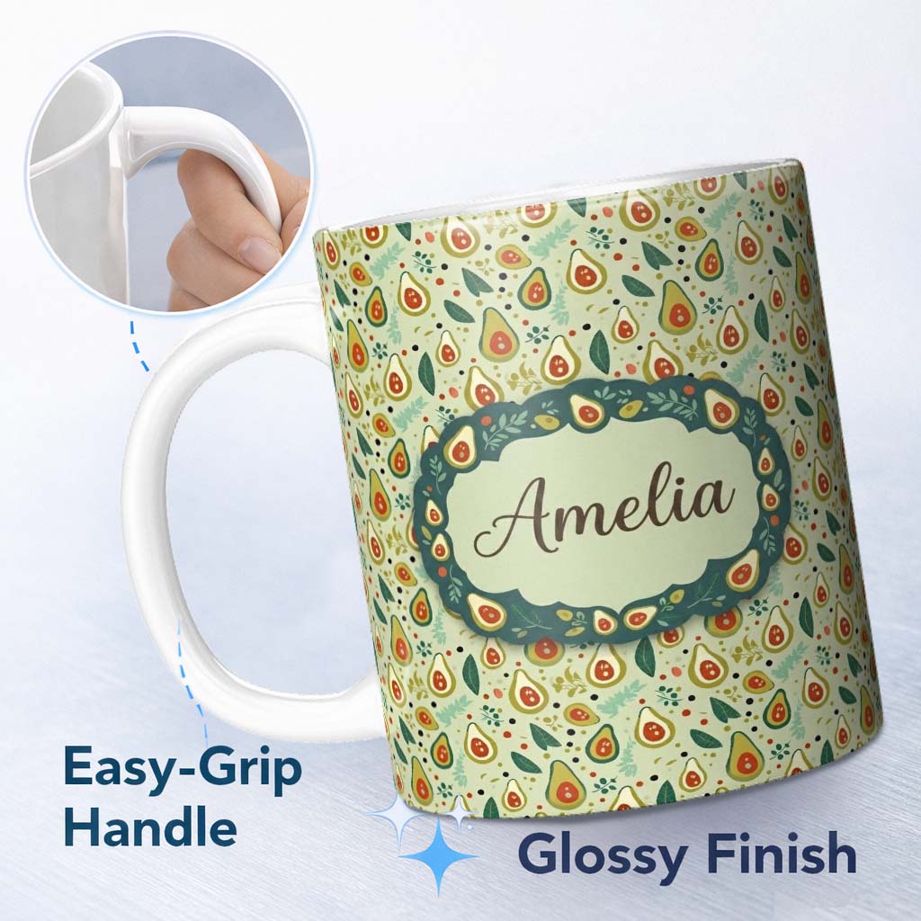Personalized Custom Name Playful Avocado and Leaf Cute Style Seamless Pattern Name Unique 11oz Ceramic Coffee Tea Mug White Large Handle