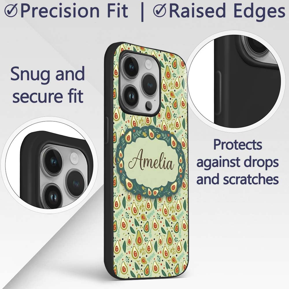 Playful Avocado and Leaf Cute Style Seamless Custom Name Protective Phone Case Mobile Cover Durable Everyday Smartphone Shock Resistant