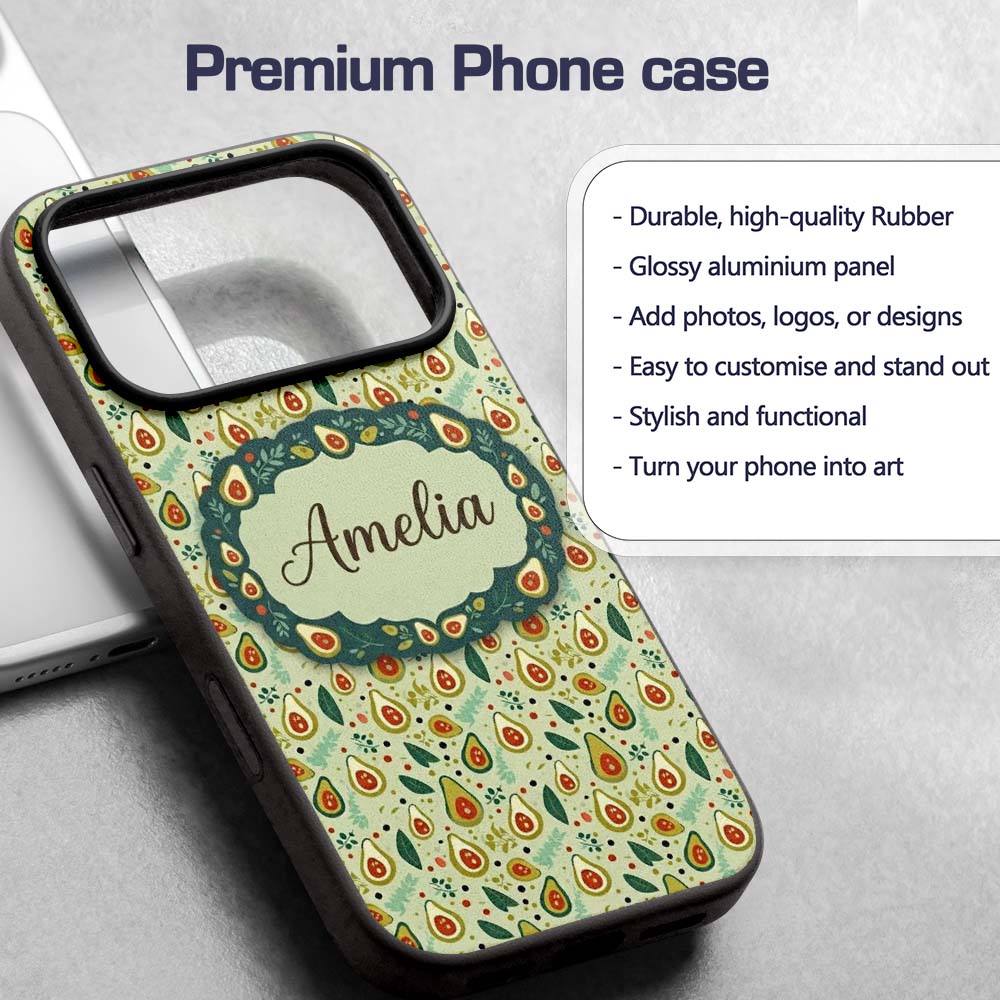 Playful Avocado and Leaf Cute Style Seamless Custom Name Protective Phone Case Mobile Cover Durable Everyday Smartphone Shock Resistant