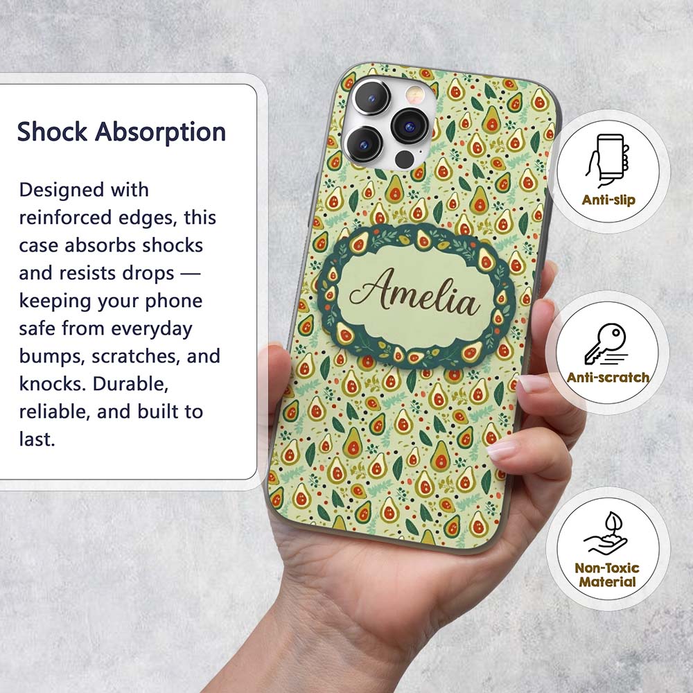 Playful Avocado and Leaf Cute Style Seamless Custom Name Protective Phone Case Mobile Cover Durable Everyday Smartphone Shock Resistant