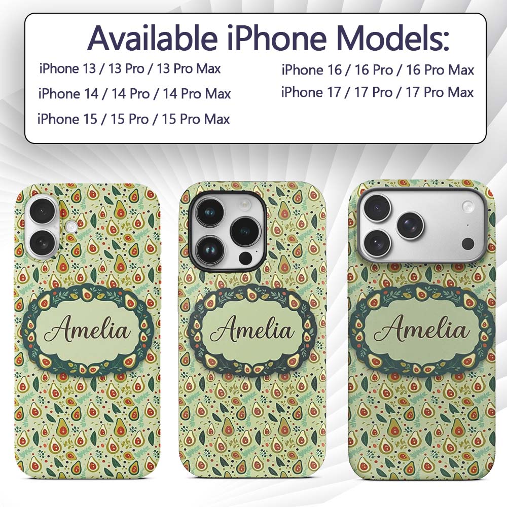 Playful Avocado and Leaf Cute Style Seamless Custom Name Protective Phone Case Mobile Cover Durable Everyday Smartphone Shock Resistant