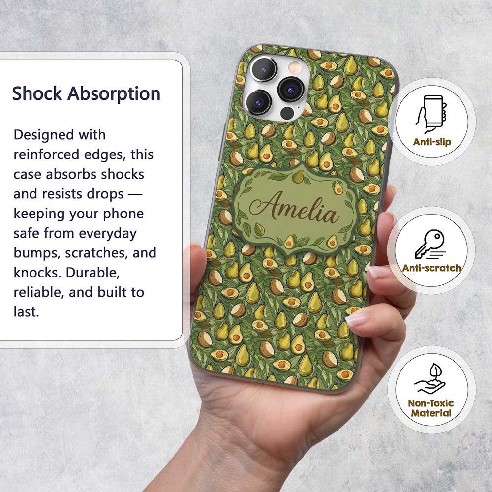 Botanical Avocado Garden Seamless Pattern Name Custom Name Protective Phone Case Mobile Cover Durable Everyday Smartphone Shock Resistant