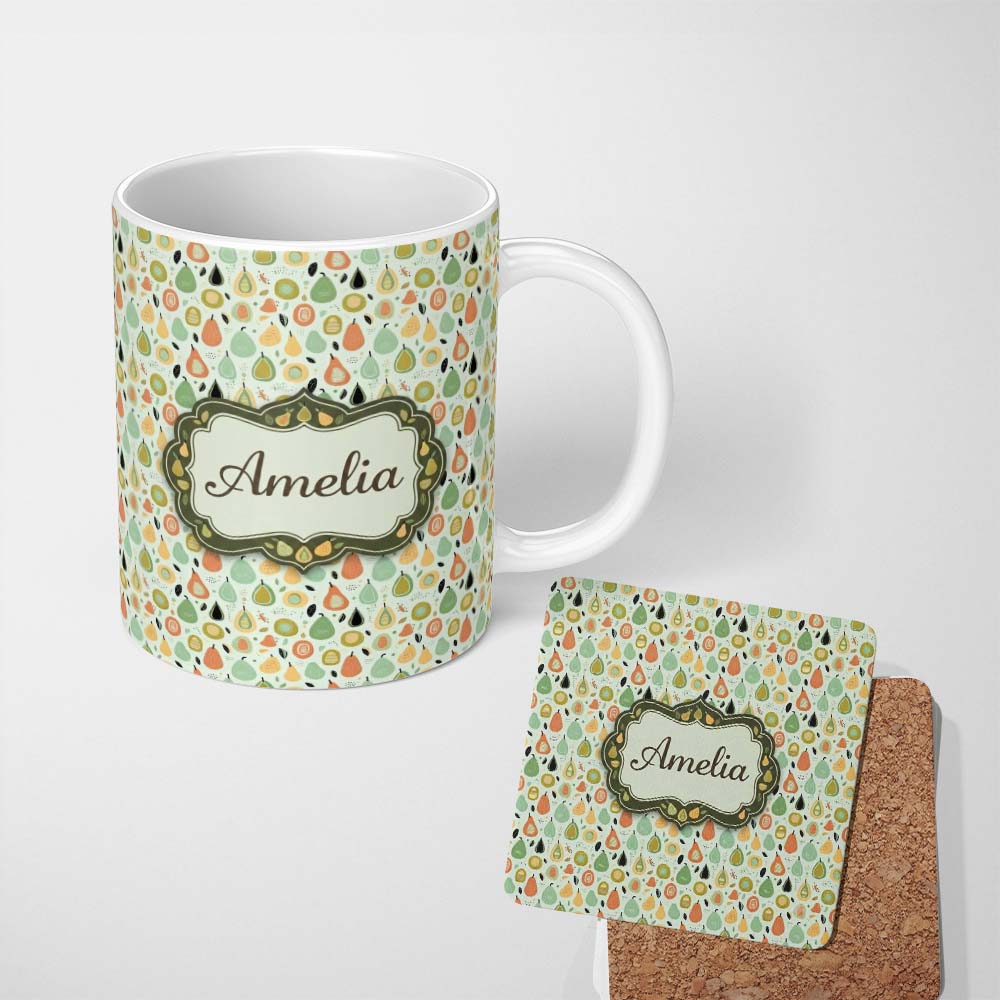 Personalized Custom Name Pastel Pear Fruit Soft Scandinavian Seamless Pattern Name Cute 11oz Ceramic Coffee Tea Mug White Large Handle